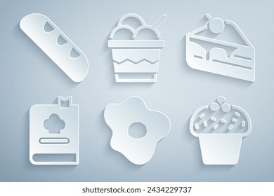 Set Scrambled eggs, Piece of cake, Cookbook, Cake, Ice cream in bowl and French baguette bread icon. Vector