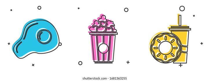 Set Scrambled eggs, Popcorn in cardboard box and Paper glass with drinking straw and donut icon. Vector