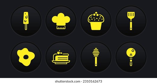 Set Scrambled eggs, Spatula, Piece of cake, Honey dipper stick, Cake, Chef hat, Lollipop and Ice cream icon. Vector