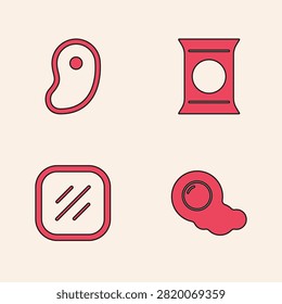 Set Scrambled eggs, Steak meat, Bag or packet potato chips and  icon. Vector