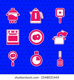 Set Scrambled eggs, Stopwatch, Barbecue spatula, Cooking pot, Fried on frying pan, Oven, Frying and  icon. Vector