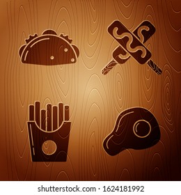 Set Scrambled eggs, Taco with tortilla, Potatoes french fries in carton package box and Ice cream on wooden background. Vector