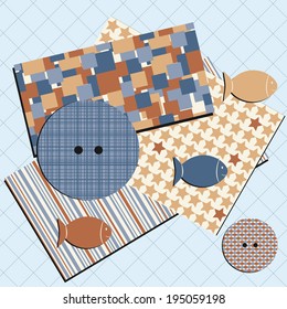 Set for Scrapbook Elements Comprises 3 Seamless Patterns, 2 Textured Button and 3 Fish in Different Colors. Scrapbook Design. Vector Backgrounds. 