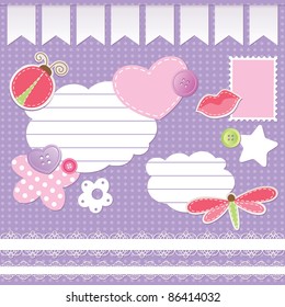 set of scrapbook elements on violet background