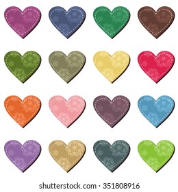 set with scrapbook hearts on white background 