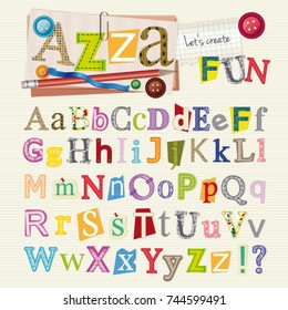 Set of scrapbook letters and elements - alphabet with original pattern for each letter