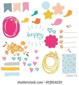 Set scrapbooking cards, tapes, labels, labels with hand drawn textures. Templates for placards posters, flyers and banners Designs, card printing magazines, blogs.