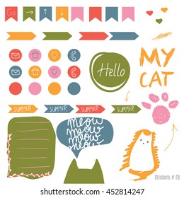 Set scrapbooking cards, tapes, labels, labels with hand drawn textures. Templates for placards posters, flyers and banners Designs, card printing magazines, blogs.