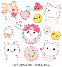 Set for scrapbooking in kawaii style. Cute badge, tag, label with cat, heart, watermelon. Sweet kitty themed сollection of cozy sticker. Can be used for t-shirt print, sticker, badge. Vector EPS8