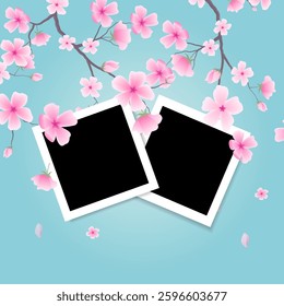 Set of scrapbook-inspired photo frame mockups exhibiting shadows and background embellished with sakura flowers. Vector illustration capturing essence of spring