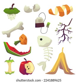 Conjunto de sobras y trozos de comida de estilo plano, ilustración vectorial aislada en fondo blanco. Productos de compost orgánicos degradables, sobras, colección de elementos de diseño