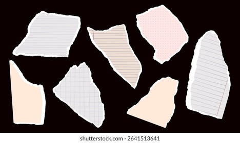 Set of scraps of paper from notebooks and notepads. Colored sheets with hand-drawn textures. Vector illustration of torn paper. Grid, line and dot patterns. School notes.
