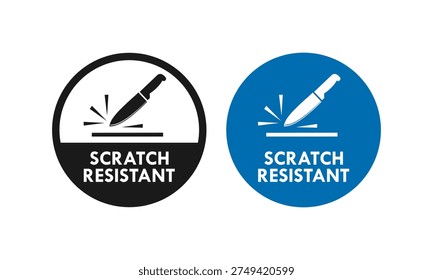 Set of scratch resistant logo icons featuring a knife and surface. Round vector badge for durable materials, product protection, and anti-scratch coating labels.