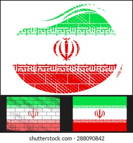 Set scratched flag of Iran on white and black background.