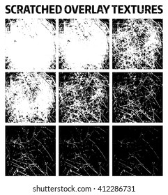 Set of scratched overlay grunge textures background
