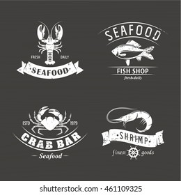 set scratched vector emblem seafood on a wooden background / scratched seafood emblem
