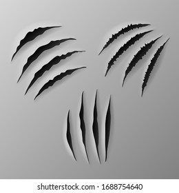 Set of scratches - Realistic torn grey paper with four claws scratches with jagged edges in sheet, Wild animal paw scratches, vector illustration