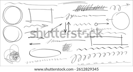 Set of Scrawls, highlights, hand drawn arrows, grunge lines, crayon scribbles, rough brush charcoal pen strokes, text underline strokes and emphasis marks. Sketches of ellipse, rectangle, oval, mark