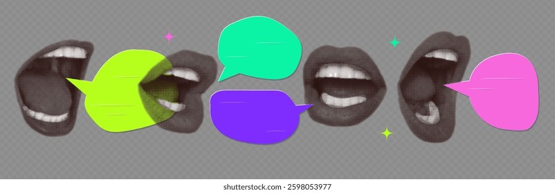 Set of screaming mouths with speech balloons. Halftone dotted collage texture and retro grunge style vector.