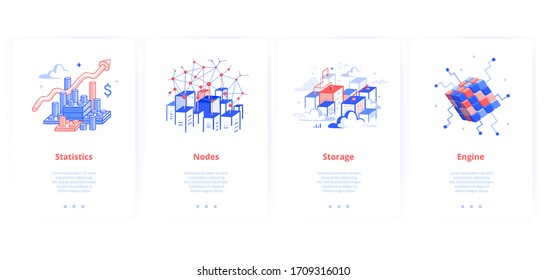 Set of screen cards for mobile apps. Statistics and data collection, block chain management, data storage,