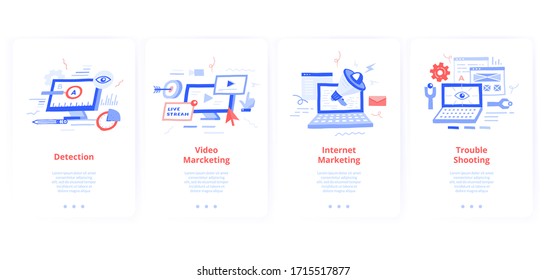 Set of screen cards for mobile apps. Troubleshooting, problem solving, online video marketing, promotions and offers,