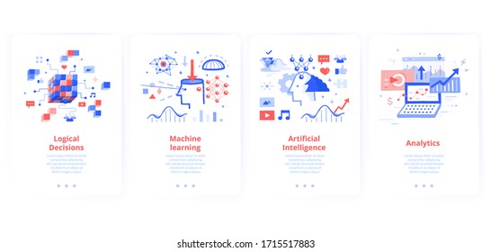 Set of screen cards for mobile apps. Logical problem solving, machine learning and artificial intelligence, data analysis