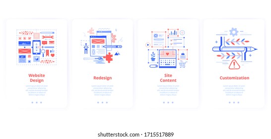 Set of screen cards for mobile apps. Web design of sites and applications, redesign and updating of outdated programs, content filling, creative solutions