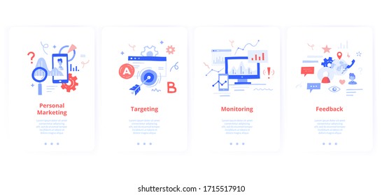Juego de tarjetas de pantalla para aplicaciones móviles. Tipos de marketing en línea y promoción en línea, supervisión de datos en línea, comentarios, comentarios y sugerencias, orientación
