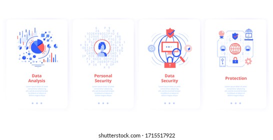 Juego de tarjetas de pantalla para aplicaciones móviles. Análisis de datos, seguridad personal, protección de Internet.