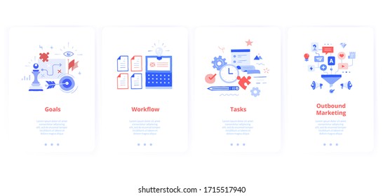 Set of screen cards for mobile apps. Strategic planning of goals and objectives, work with documents, time and task management, advertising promotion