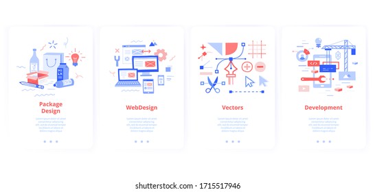 Set of screen cards for mobile apps. Product and packaging design, vector graphics and website and application development.