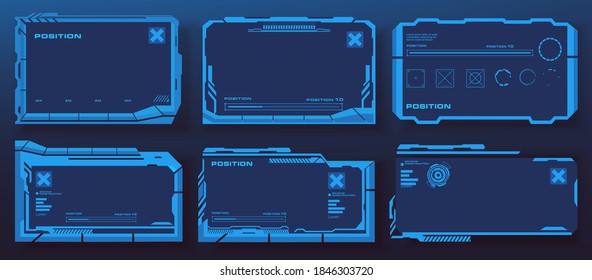 Set of screen elements or futuristic frames. Techno frames for HUD user interface. Modern dashboards for video games or websites. Vector frames