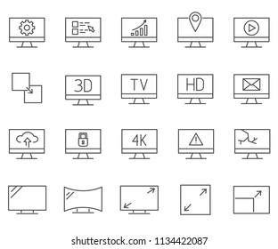 Set of Screen Related Vector Line Icons. Contains such Icons as PC, monitor, display, desktop and more. 