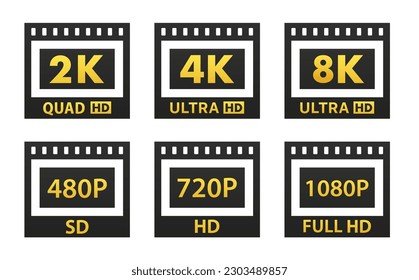 Set of screen resolution icons. Video quality symbol. HD, Full HD, 2K, 4K, 8K resolution icons. High definition display resolution icon standard. Film strip. Vector illustration