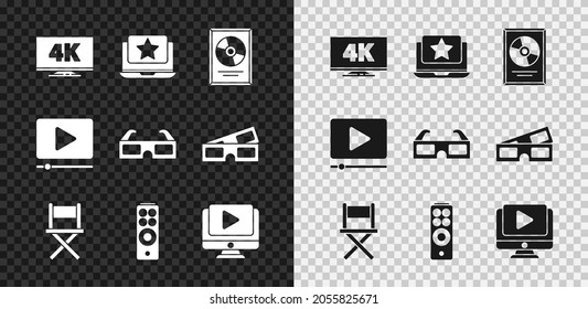 Set Screen tv with 4k, Laptop star, CD disk award in frame, Director movie chair, Remote control, Online play video,  and 3D cinema glasses icon. Vector