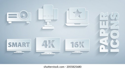 Set Screen tv with 4k, Laptop star, Smart video, 16k, Director movie chair and Movie, film, media projector icon. Vector