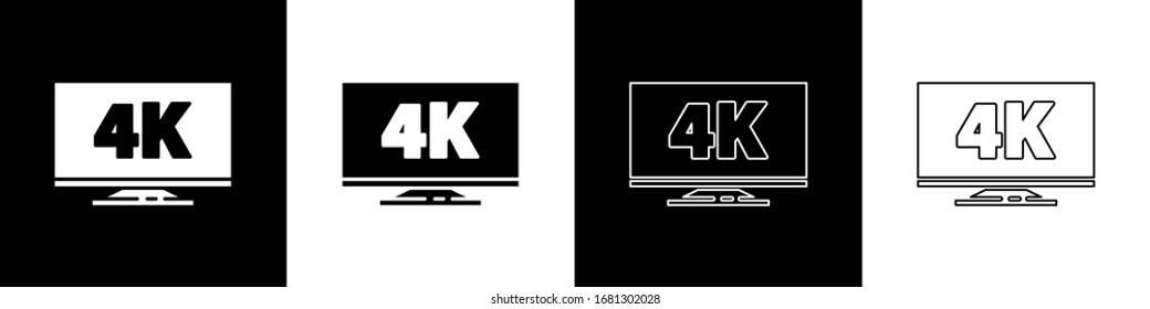 Set Screen tv with 4k Ultra HD video technology icon isolated on black and white background.  Vector Illustration