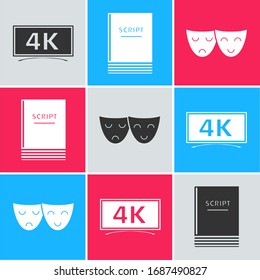 Set Screen tv with 4k Ultra HD video technology , Scenario  and Comedy and tragedy theatrical masks  icon. Vector