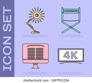 Set Screen tv with 4k Ultra HD video technology , Table lamp , Buy cinema ticket online  and Director movie chair  icon. Vector