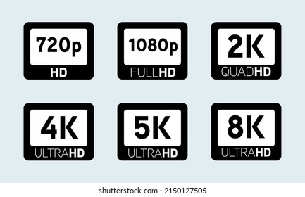 Set screen tv with 4k ultra hd video technology icon. Set of video quality or resolution icons HD, Full HD, QHD, UHD, 2K, 4K, 5K, 8K.