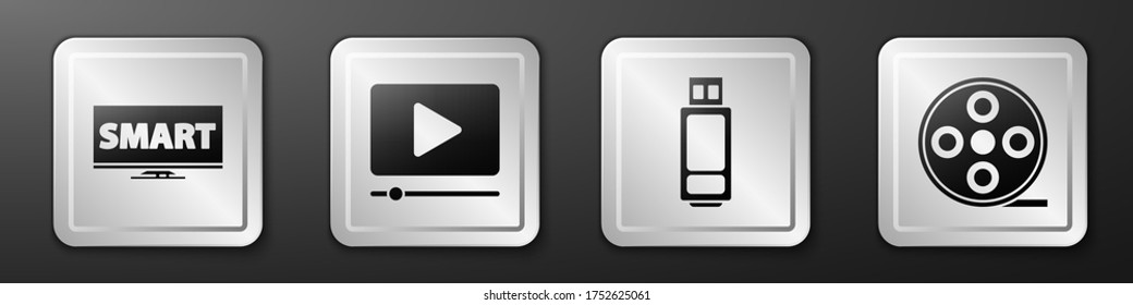 Configure la televisión de pantalla con vídeo inteligente, vídeo de reproducción en línea, unidad flash USB e icono del carrete de película. Botón cuadrado plateado. Vector