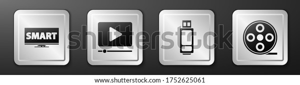 Set Screen\
tv with Smart video, Online play video, USB flash drive and Film\
reel icon. Silver square button.\
Vector