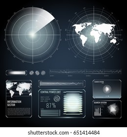 Set of screen white elements of search radar including world map on black background isolated vector illustration