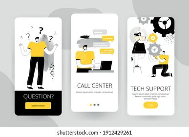 Set of screens for a mobile application. The user with a question contacts the call center and technical support