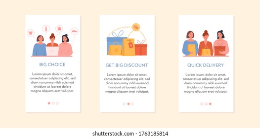 Set of screens for mobile online shopping app. Concept of e-commerce store. Discount label with shopping bags and gifts, a woman choosing items to buy, happy customers receiving their things. Vector. 