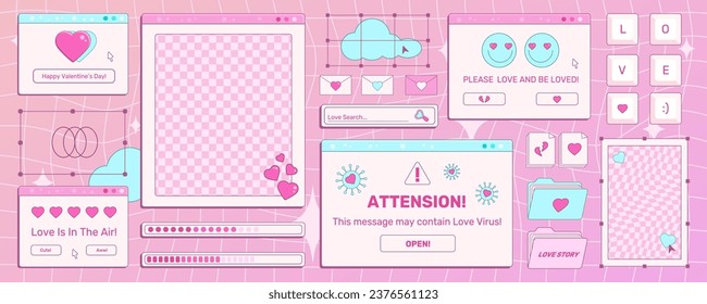 Set of screens of an old retro PC in the y2k style with greetings on a Valentine's Day holiday. Retro backgrounds, opened pc windows. Pink vintage computer interface with hearts and text, vector art.