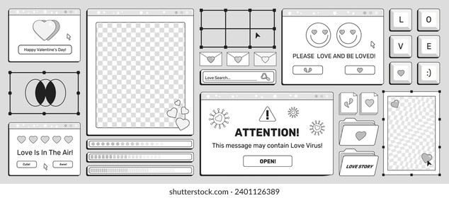 Set of screens of an old retro PC in the y2k style with greetings on a Valentine's Day holiday. Retro backgrounds, opened pc windows. Monochrome computer interface with hearts and text, vector art.