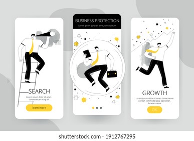 Set of screens for the user interface of the mobile application. The businessman confronts the coronavirus