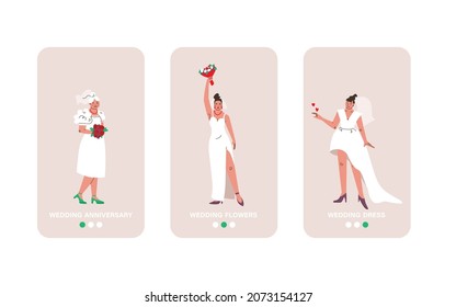 A set of screens for a wedding-themed mobile application. Brides in wedding dresses holding flowers. White, beige and purple colors. Vector flat illustration.