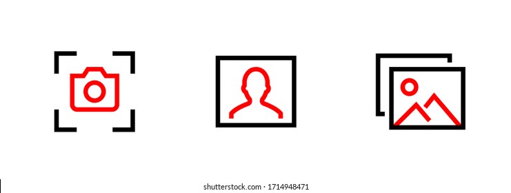 Set of Screenshots, Selfie and Photos Media Types icons. Editable line vector. Stylized camera sign in viewfinder frame, silhouette man in rectangle, nature landscape image red color. Group pictogram.